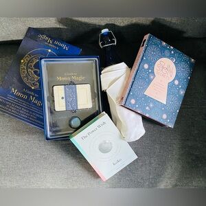 Moon Magic, Power Wish, Sun Secrets Book Set & Blue Glass Bottle w/carrier SET